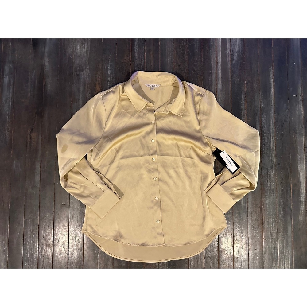 Liverpool Los Angeles‎ Gold Champagne Satin Button Down Shirt Blouse